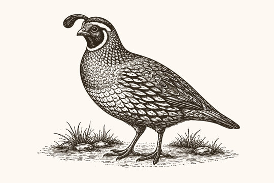 Detailed vintage quail illustration in black and white engraving style. Hand-drawn vector sketch of a California quail bird with topknot, ideal for nature, wildlife, and rustic hunting designs.