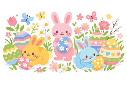 Adorable Easter Bunny and Egg Hunt Vector Illustration in Soft Pastel Colors Featuring Cute Rabbits, Decorated Eggs, Spring Flowers, Daisies, Butterflies, and Pussy Willow for Greeting Card Design