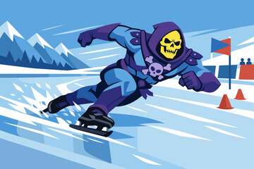 Naklejka premium Flat vector illustration of Skeletor as a speed skater competing in a winter sports race on an ice rink with snowy mountains, featuring the iconic skull villain in an extreme athletic pose.
