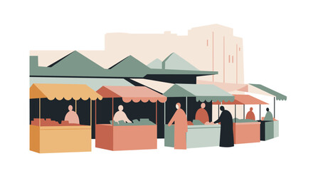 Naklejka premium A vibrant marketplace scene depicts various stalls with vendors and customers, showcasing a bustling atmosphere with muted pastel tones and geometric architectural shapes,