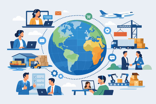 Professional Global Business Outsourcing and Vendor Management Concept Illustration with People Working Virtually, Supply Chain Logistics, International Trade, Manufacturing, and Customer Support.