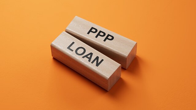 PPP LOAN sign. wooden blocks. Copy space.3D rendering