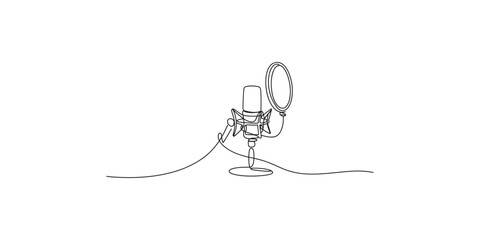 Obraz premium Continuous line drawing of a microphone with pop filter on a stand recording music audio