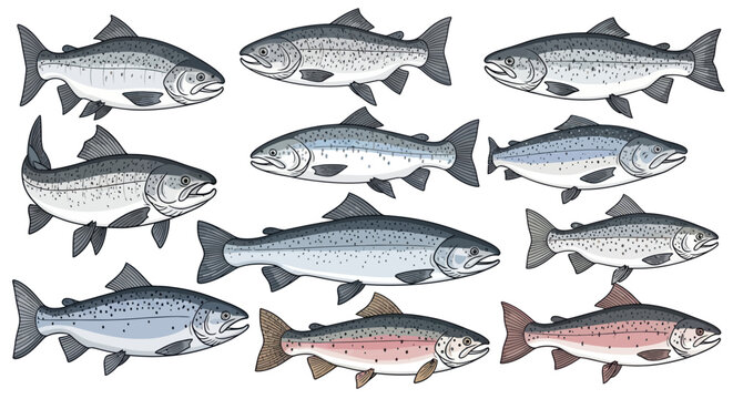 Atlantic salmon and rainbow trout fish species illustration set.