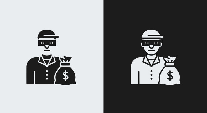 Bank Robber Icon with Money Bag Represents Financial Crime and Theft