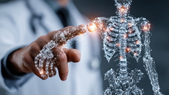 Doctor uses advanced technology to interact with a holographic human skeletal system visualizing