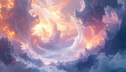 Fototapeta premium Vibrant Swirling Clouds Illuminated by Golden Light.