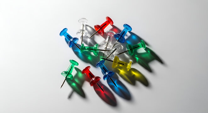 Pineska thumbtack collection with colorful push pins and long shadows
