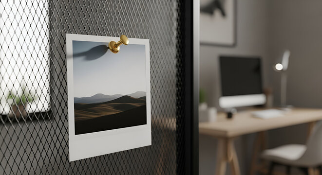 Gold pineska thumbtack pinning landscape photo on black mesh wall