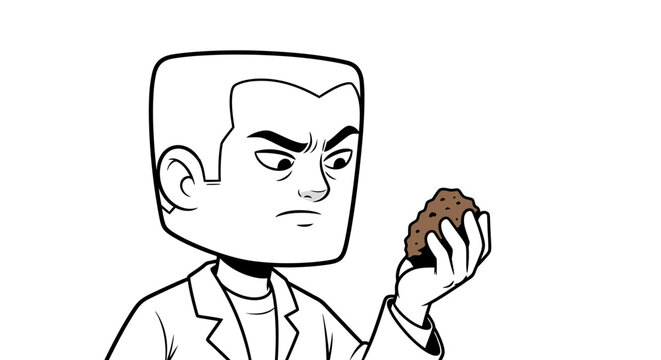Cartoon man holding brown object.