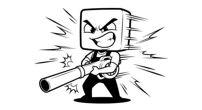 Angry cartoon character with giant block head.