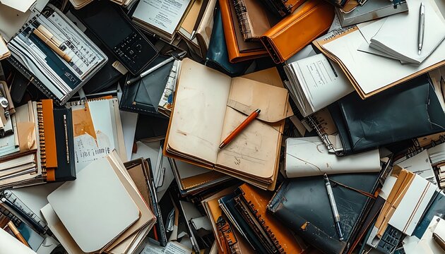A cluttered pile of notebooks and journals scattered with pens and pencils on a table indoors.