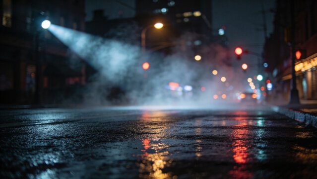 Nighttime city street with wet pavement and lights