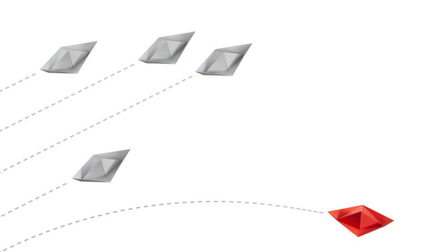Red paper origami boat have individual direction from unique white boats in different way. Business strategy and opportunity concept.Supports PNG files with transparent backgrounds.