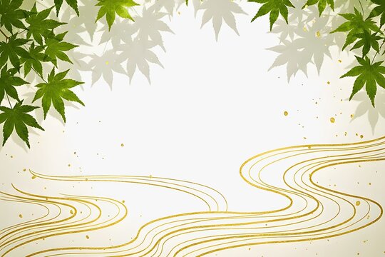 Luxury Japanese Background with Fresh Green Maple Leaves and Golden Water Stream Pattern