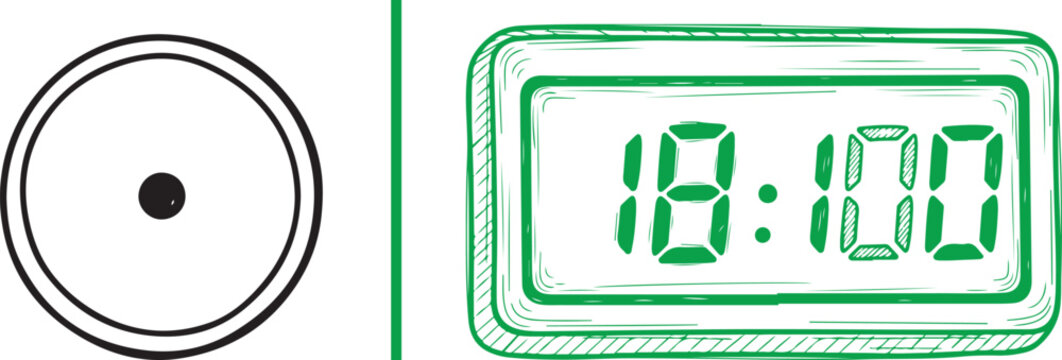 Hand drawn vector illustration of a digital clock showing 18:00 and a sun symbol representing evening time