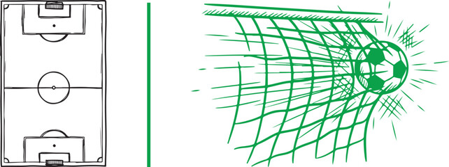 Soccer field pitch layout and ball hitting goal net hand drawn vector illustration sketch for sports coaching and match analysis © Muhammad