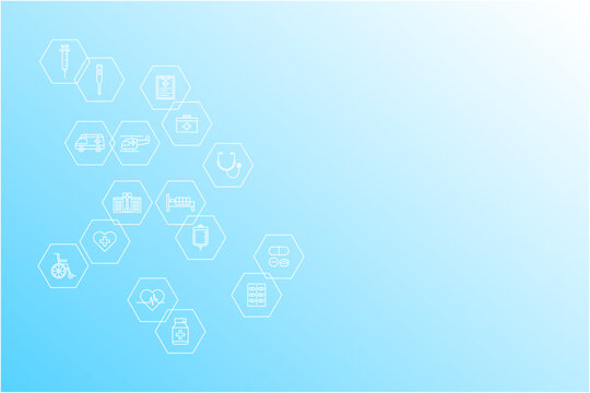 医療や科学に関するアイコンを六角形のフレームに入れて散りばめた水色の背景素材