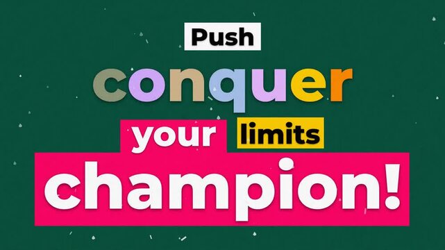 Inspirational gym workout and fitness typography animation Push conquer your limits champion on a green background. Fitness motivation quote