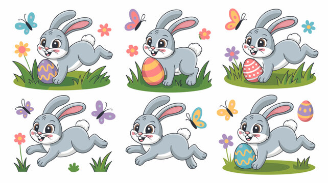 Cute Easter Bunnies Vector Set Running Rabbits with Eggs and Spring Elements