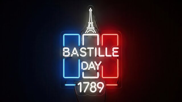Vibrant neon sign commemorating Bastille Day 1789 with iconic Eiffel Tower symbol of France