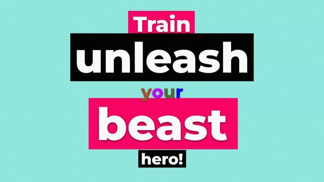 Animated motivational quote Train unleash your beast hero on a blue background for a gym workout and fitness message. Fitness motivation words