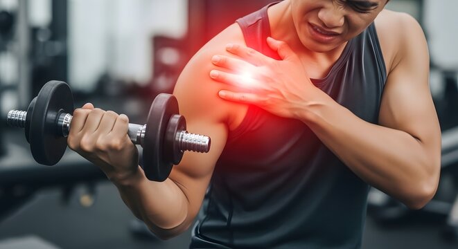 Man Experiencing Severe Shoulder Pain While Lifting Dumbbell in Gym Intense Workout Injury Concept