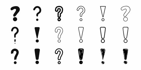 Collection of hand drawn question marks and exclamation points on white © Subarna