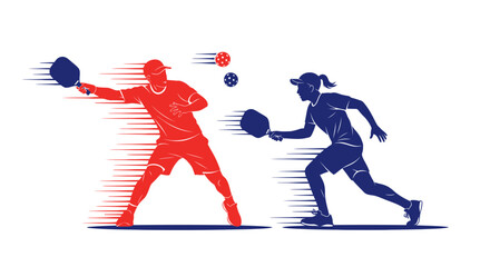 Pickleball Players Silhouette, Dynamic Action Shot, Red vs Blue © Keset
