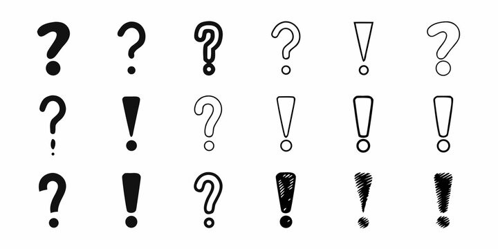 Collection of hand drawn question marks and exclamation points on white