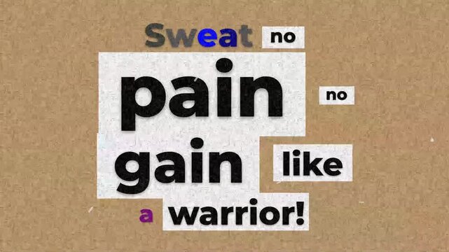 Motivational gym workout fitness quote Sweat no pain no gain like a warrior in a stopmotion paper cutout style. Gym motivation quote