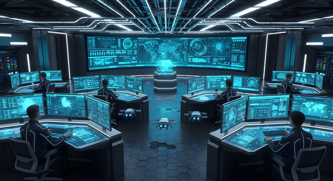Operators working in futuristic command center with multiple glowing screens