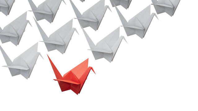 Different business concept.Red paper swan changing direction from white paper swan. new ideas. paper art style. creative idea.Supports PNG files with transparent backgrounds.
