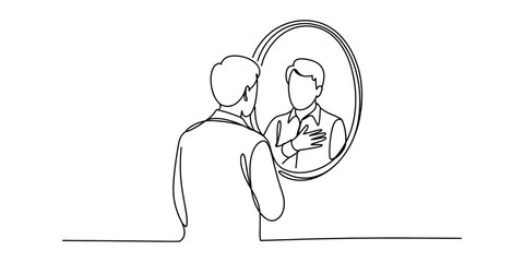 A single line drawing of a man looking at his own reflection in an oval mirror with a calm pose Vector, illustration © Badhon_Art Gallery