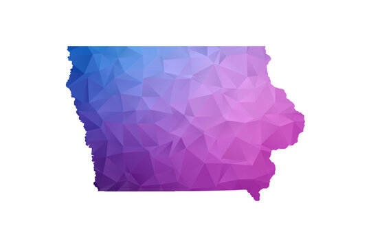 Iowa Map - Polygon Style Vector Illustration in Blue and Purple Gradient, Low Poly Geometric Design, Isolated on White Background, Ideal for Infographics and Learning Materials.