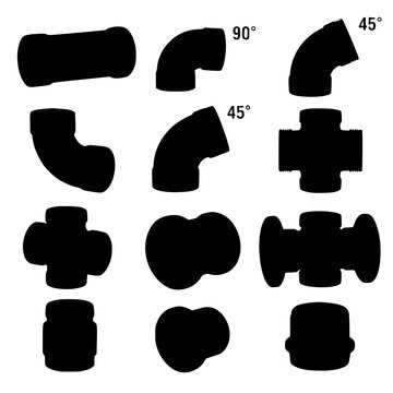 Black silhouettes of various pipe fittings Vector, illustration