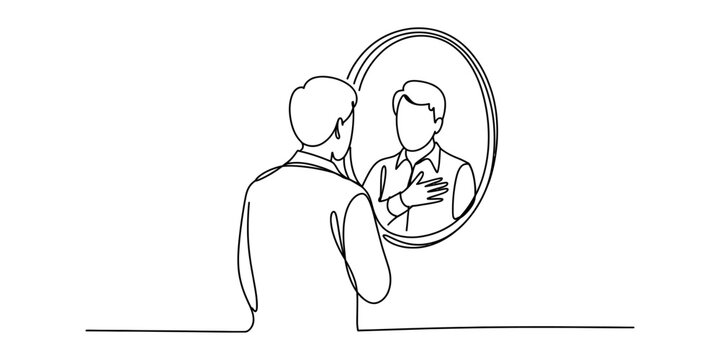 A single line drawing of a man looking at his own reflection in an oval mirror with a calm pose Vector, illustration