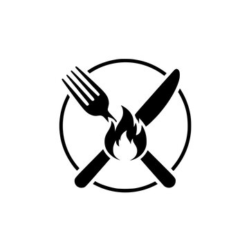 A plate with a knife and fork crossed over a flame Vector, illustration
