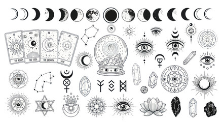 Collection of mystical occult symbols and celestial magic elements for spiritual design. © Tukang