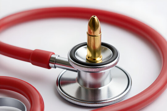 A golden bullet rests atop a stethoscope s bell symbolizing health risks on transparent background