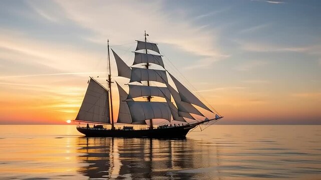 Majestic Tall Ship Sailing on Calm Ocean Waters at Golden Sunset Horizon.