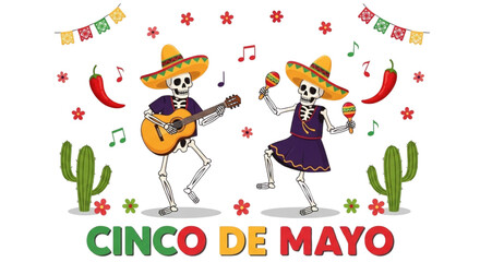 Fototapeta premium Cinco de Mayo Celebration Skeletons Dancing Guitarist Festive Fiesta Party Design for Marketing