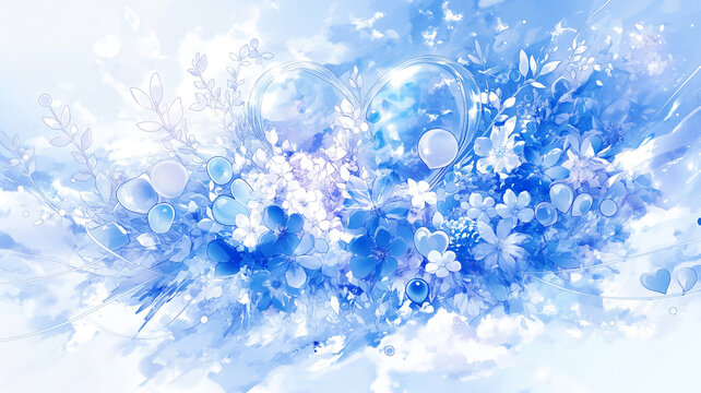 空中に浮かぶ結晶と海辺の遊歩道を描いた幻想的な風景イラスト、穏やかな自然と非現実的な要素が調和した美しい構図で背景素材や広告制作に使える高品質作品