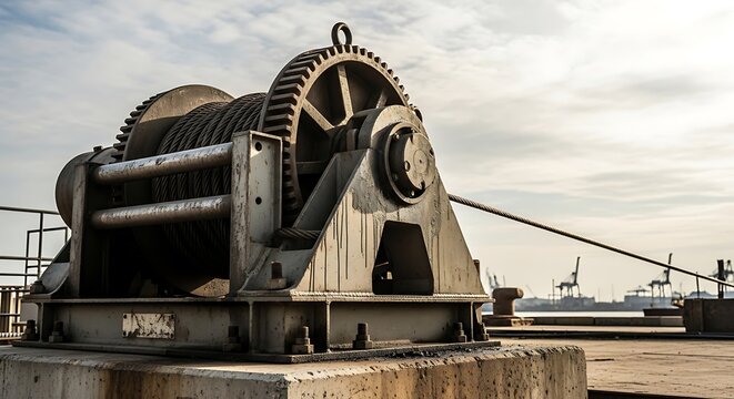 Industrial winch machine with gears against cloudy sky