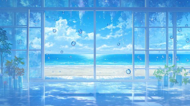 空中に浮かぶ結晶と海辺の遊歩道を描いた幻想的な風景イラスト、穏やかな自然と非現実的な要素が調和した美しい構図で背景素材や広告制作に使える高品質作品