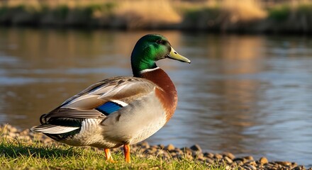 Fototapeta premium Mallard duck standing beside water with colorful plumage in natural setting