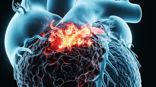 Close Up 3D Animation of a Damaged Heart with Blocked Artery and Inflammation Showing a Heart Attack