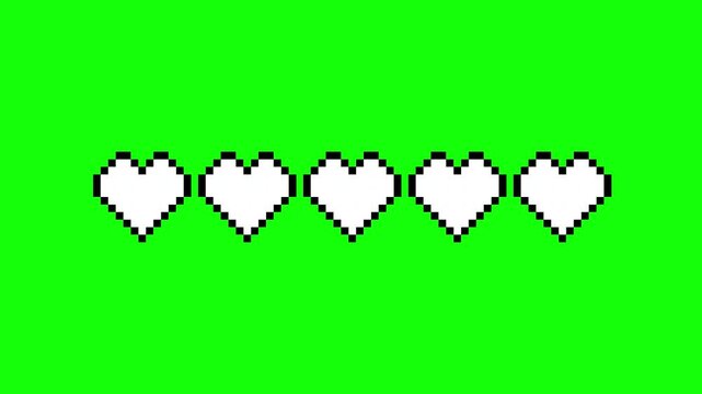 Pixel Art Hearts Health Bar Animation Full Half Empty on Green Screen