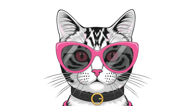 A stylish grey tabby cat wears oversized pink cat-eye sunglasses and a black leather collar while posing confidently against a clean white background.