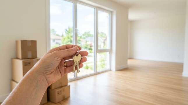 Hand holding new keys in front of large bright room